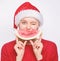 Exotic christmas celebration. Exotic winter vacation and holidays. Christmas girl eat watermelon. Woman santa hat hold