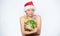 Exotic christmas holidays. Countries that celebrate christmas in summer. Girl attractive naked wear santa hat hug