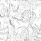 Exotic Chrysanthemum dahlia flowers and leaves illustration. Black white line seamless pattern.
