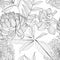 Exotic Chrysanthemum dahlia flowers and leaves illustration. Black white line seamless pattern.