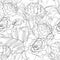 Exotic Chrysanthemum dahlia flowers and leaves illustration. Black white line seamless pattern.