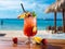 An exotic cocktail with fresh fruits served in a chilled, frosted glass, against the idyllic backdrop of a sun-soaked beach.