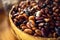 Exotic colorful mexican beans on wicker basket. Top view of legumes. Concept of beans food. Exotic beans on wooden table.