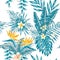 Exotic composition flowers and plants blue color scheme