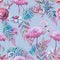 Exotic composition of tropical birds pink flamingo. Jungle beach seamless pattern wallpaper with leaves and flowers