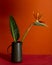 Exotic Delights: Strelitzia Flower and Leaf in Clay Vase on an Orange Background