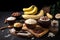 exotic fast food preparation, with ingredients such as bananas and coconut mixed with chocolate and nuts
