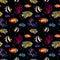 Exotic fishes, sea corals. Neon lighting seamless background. Watercolor