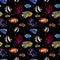 Exotic fishes, sea corals. Neon lighting seamless background. Watercolor