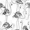 Exotic flamingos flamboyance group gathering seamless pattern. Black white outline sketch drawing.