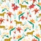 Exotic flower and animal seamless vector summer pattern. Cheetah and tropical Frangipani, Plumeria, Lily, Fuchsia