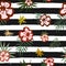 Exotic flowers and leaves on a striped background, topical blossoms, palm leaves repeated pattern, seamles exotic summer pattern,