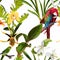 Exotic flowers pattern. Tropical yellow orchid flowers, green and red parrot and palm leaves in summer print.