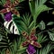 Exotic flowers seamless pattern. Tropical violet green orchid flowers, green parrot and palm leaves in summer print.