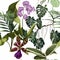 Exotic flowers seamless pattern. Tropical violet orchid flowers and palm leaves in summer print.