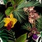 Exotic flowers seamless pattern. Tropical violet yellow brown orchids flowers and palm leaves in summer print.