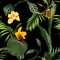 Exotic flowers seamless pattern. Tropical yellow orchids flowers and palm leaves in summer print.