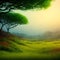 Exotic foggy forest. Jungle panorama, forest oasis. Foggy dark forest. Natural forest landscape. 3D .