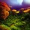 Exotic foggy forest. Jungle panorama, forest oasis. Foggy dark forest. Natural forest landscape. 3D .