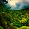 Exotic foggy forest. Jungle panorama, forest oasis. Foggy dark forest. Natural forest landscape. 3D .