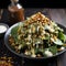 Exotic food with a delicious fusion of flavors in popcorn salad with caramel and spinach.