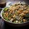 Exotic food with a delicious fusion of flavors in popcorn salad with caramel and spinach.