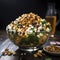 Exotic food with a delicious fusion of flavors in popcorn salad with caramel and spinach.