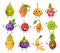 Exotic fruit characters. Cute food mascots. Cartoon mango or banana with hands legs and funny emotion faces. Pineapple