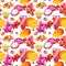 Exotic fruit drinks, cocktail - seamless tropical pattern. Mango, dragon fruit, litchi, orchid flowers, butterflies
