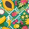 Exotic fruit pattern: papaya, banana and dragon fruit. vector illustration