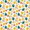 Exotic fruit seamless pattern in hand-drawn style. Fresh lemons  oranges  strawberries and bright flowers background. Vector