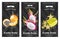 Exotic fruits banners set Vector realistic. Dragon fruit, granadilla, passion fruits, starfruit, physalis black