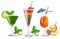 Exotic fruits cocktails glasses isolated Vector realistic. Tropic summer drinks detailed 3d collections