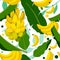 Exotic fruits color seamless pattern with bananas and palm leaves for textile industry, pillows, posters, t-shirts or print design