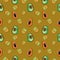 Exotic fruits on a dark orange background, avocado slices, kiwi, cartoon style, Seamless pattern