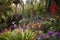 exotic garden with vibrant blooms, towering palms and exotic birds