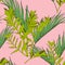 Exotic green palms leaves, pink background. Floral seamless pattern.