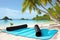 exotic island paradise with tropical palm trees and beach yoga mats