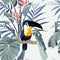 Exotic jungle plants illustration pattern with toucan bird and strelitzia flowers. Creative  floral seamless pattern.