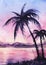 Exotic landscape of sunset on tropical coastline. Dark silhouettes of palms against calm water reflecting colorful