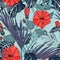 Exotic leaves, blue liana branches, hibiscus flower branch and many kinds of plants seamless pattern.