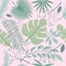 Exotic leaves, rainforest. Seamless realistic tropic leaf pattern. Palm leaf, banana leaf, hibiscus, plumeria flowers. Jungle tree