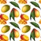 Exotic mango seamless pattern. Design with hand drawn illustration of mango with leaves and mango slices
