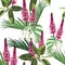 Exotic monstera, ficus and palms leaves. Pink lupines flower branch seamless pattern.