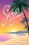 Exotic ocean beach landscape background. Silhouette palm tree pink orange sunset sky sun. Hot summer vacation evening illus