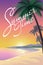 Exotic ocean beach landscape background. Silhouette palm tree pink orange sunset sky sun. Hot summer vacation evening illus