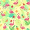 Exotic pink flamingos, tropical plants and jungle flowers monstera and palm leaves. Tropic flamingo cartoon seamless