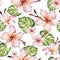 Exotic plumeria flowers and green monstera leaves on white background. Seamless tropical pattern. Watercolor painting.