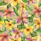 Exotic plumeria flowers and green monstera leaves on yellow background. Seamless tropical pattern in vivid colors.