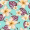 Exotic plumeria flowers and purple monstera leaves in seamless tropical pattern. Bright blue background, vivid colors.